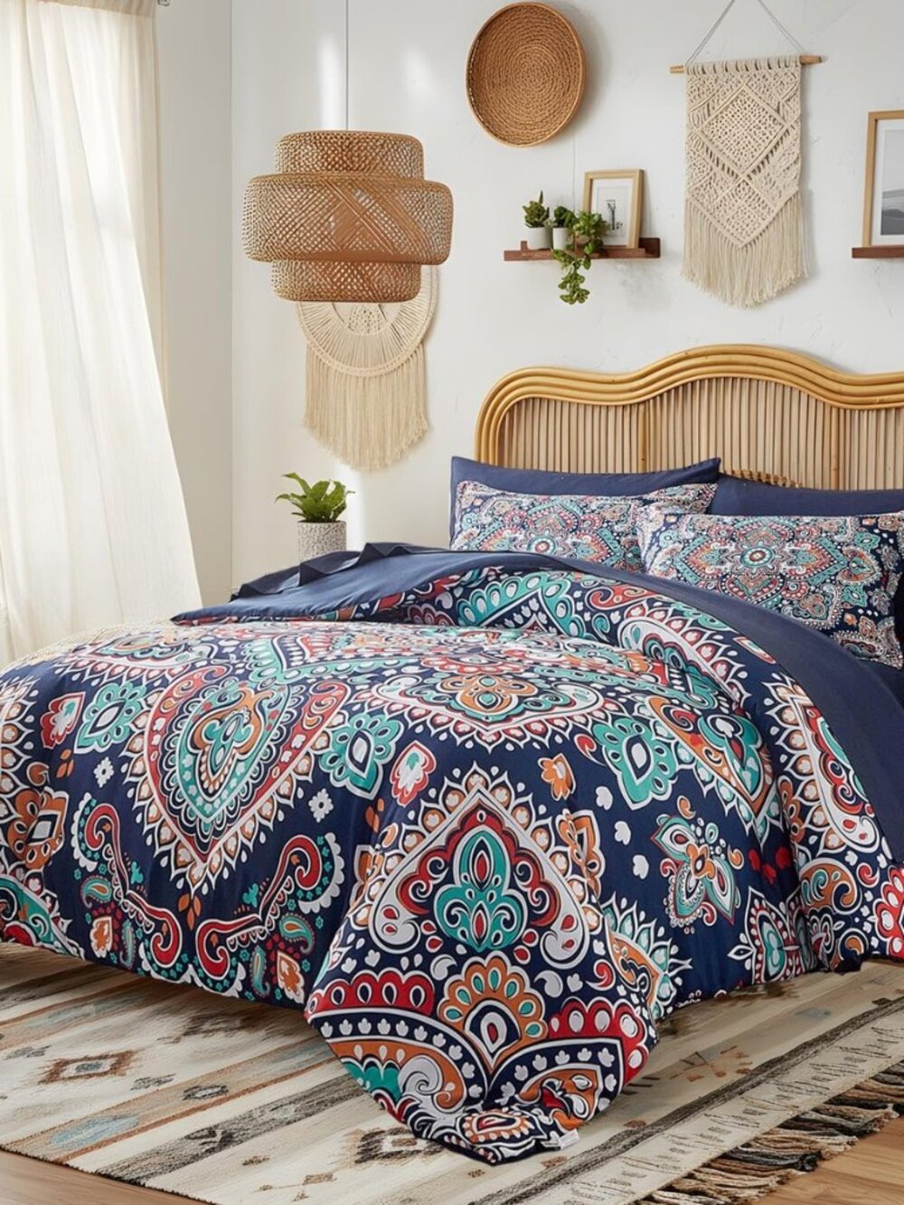 Boho Comforter Sheet Set Bohemian Bed in a Bag Queen Size Bedding Set, Navy Blue